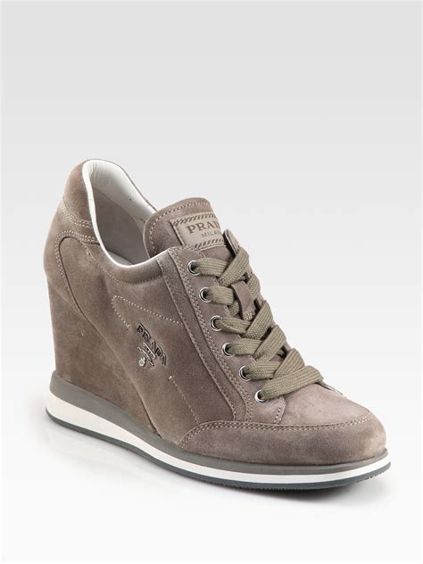 prada sport grey nylon suede trim wedge sneakers|Prada ecru suede sneakers.